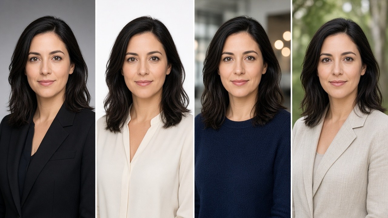 Four headshots of the same woman in different backgrounds and outfits
