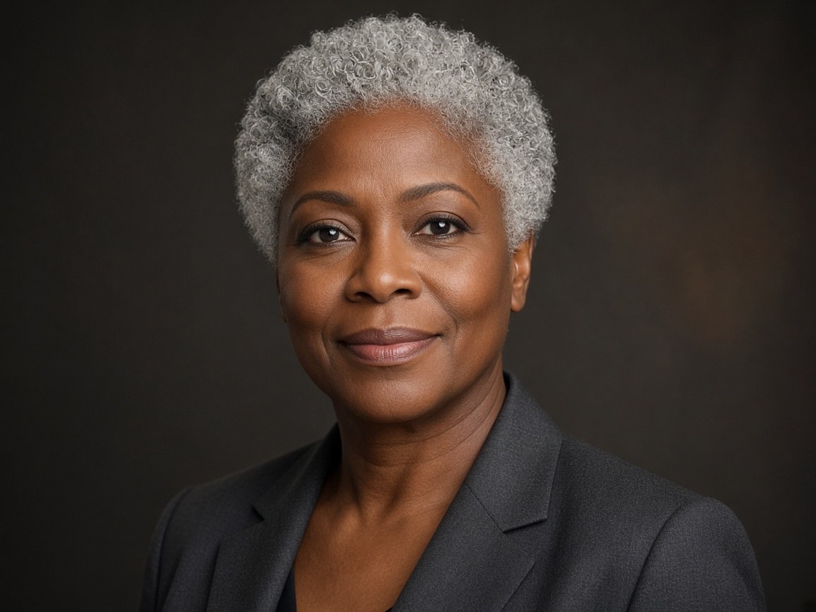 A professional headshot of a woman in a charcoal blazer on a dark executive background