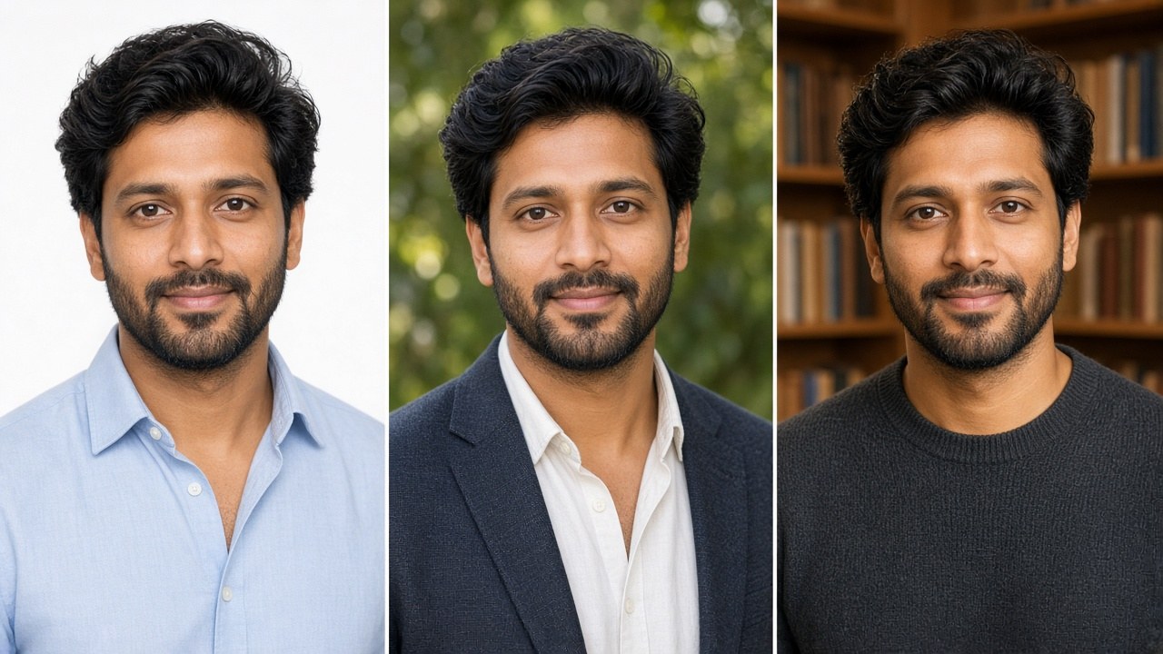 Three headshots of the same man in a white studio, outdoors and in a library