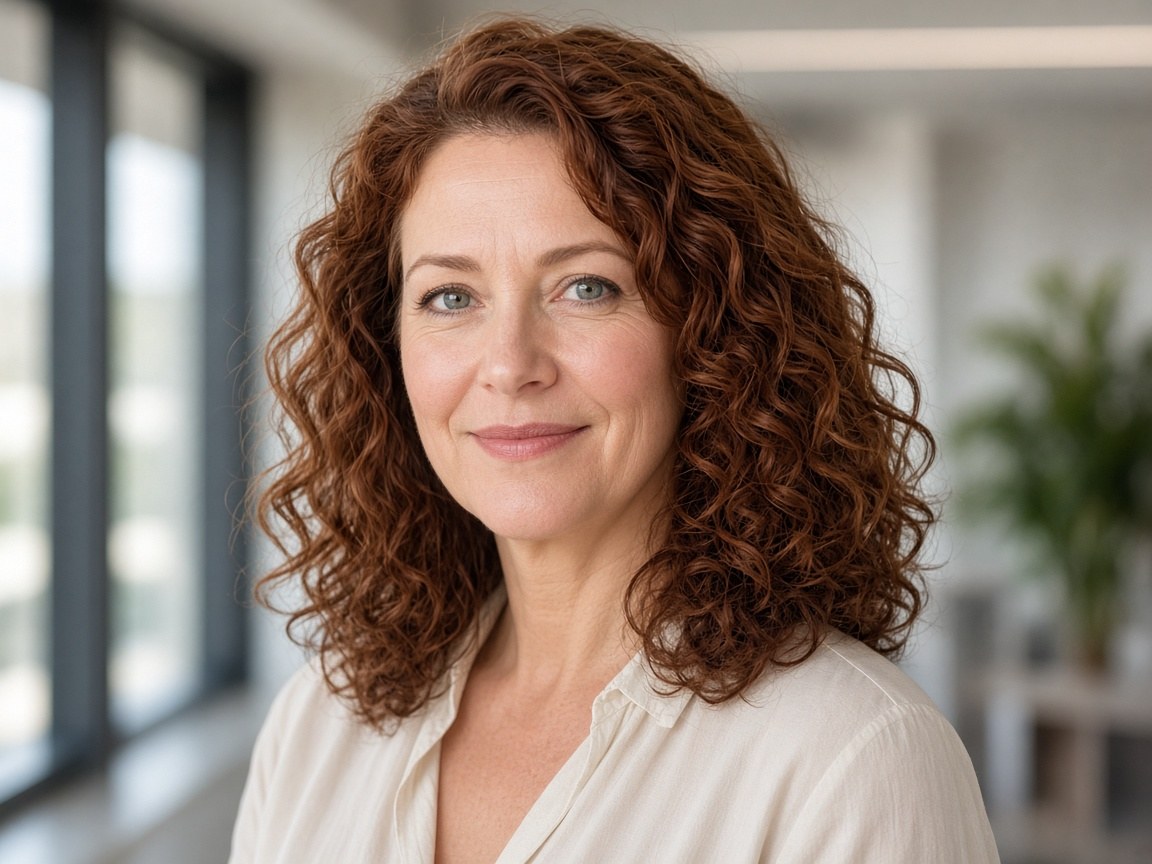 A professional headshot of a woman in a cream blouse in a modern office