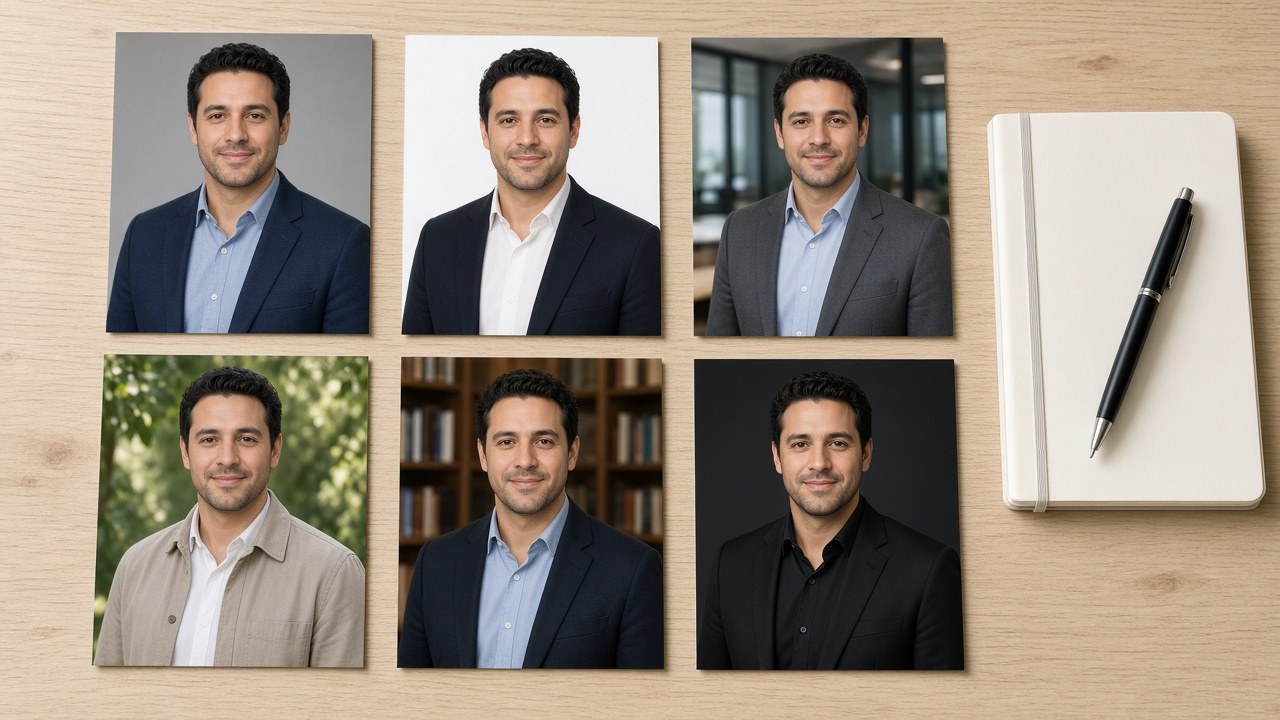 A printed sheet of headshots in different looks with a pen, ready to pick favorites
