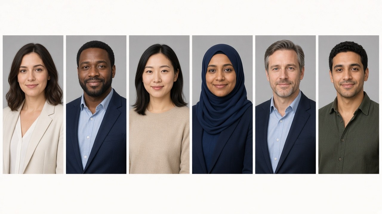 Six colleagues' matching headshots on the same gray studio background
