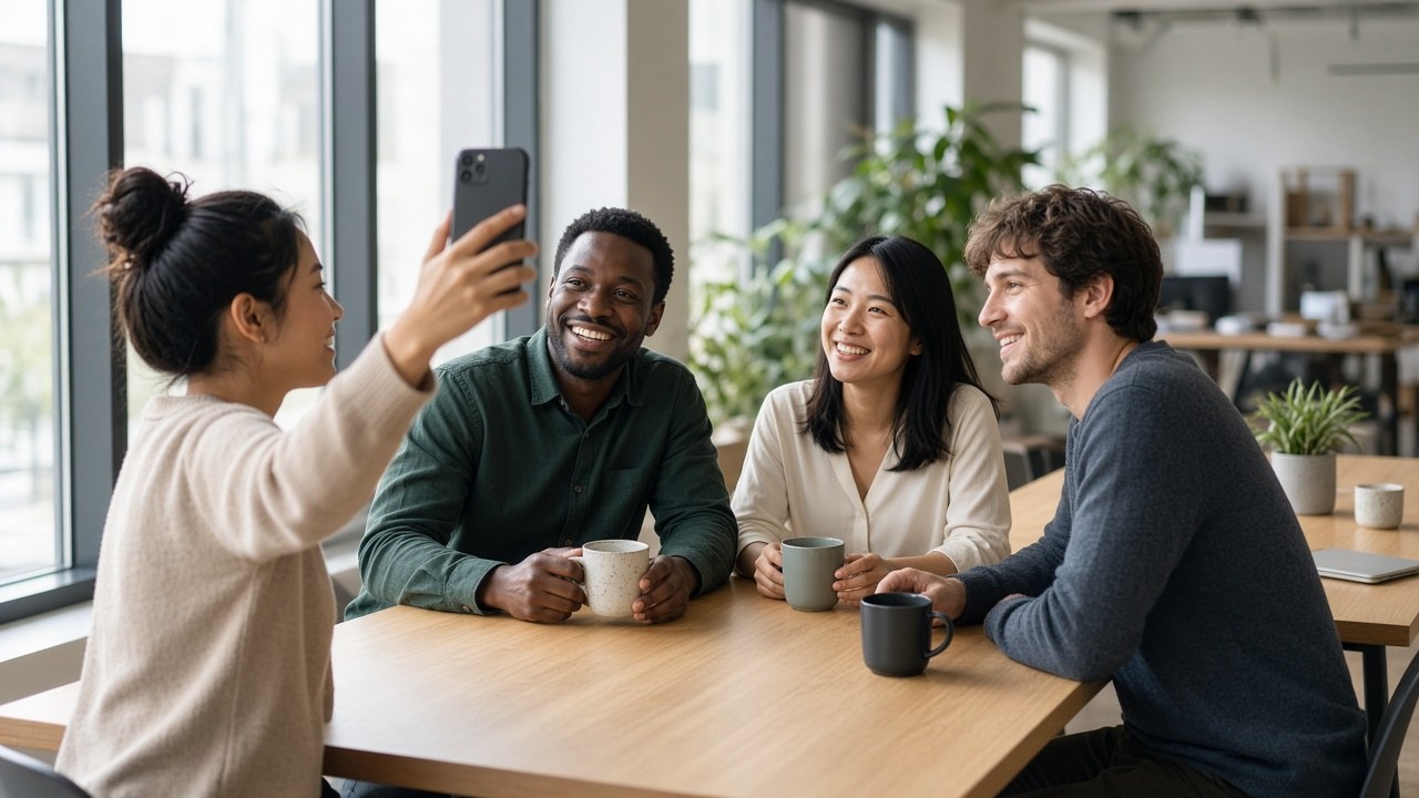 A small team in a bright office, one person taking a selfie by the window