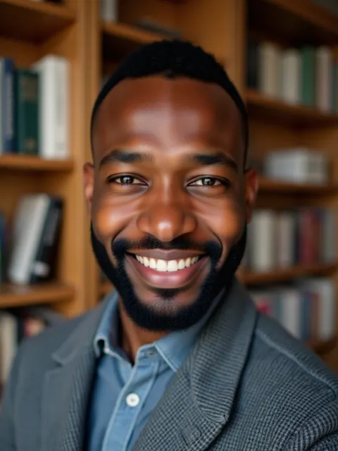 Warm library AI headshot example