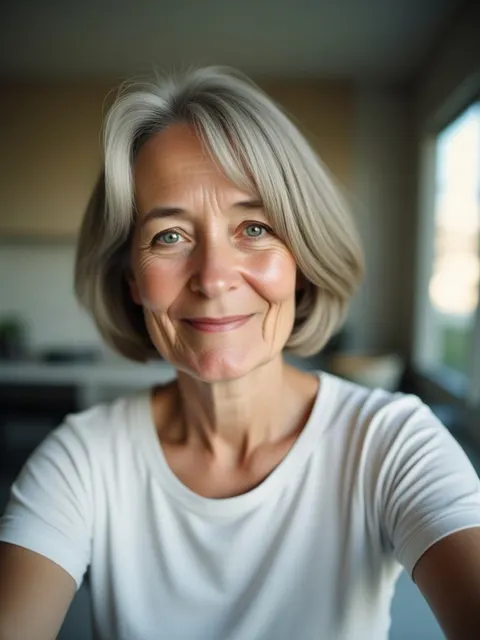 Good selfie example: natural expression, simple background