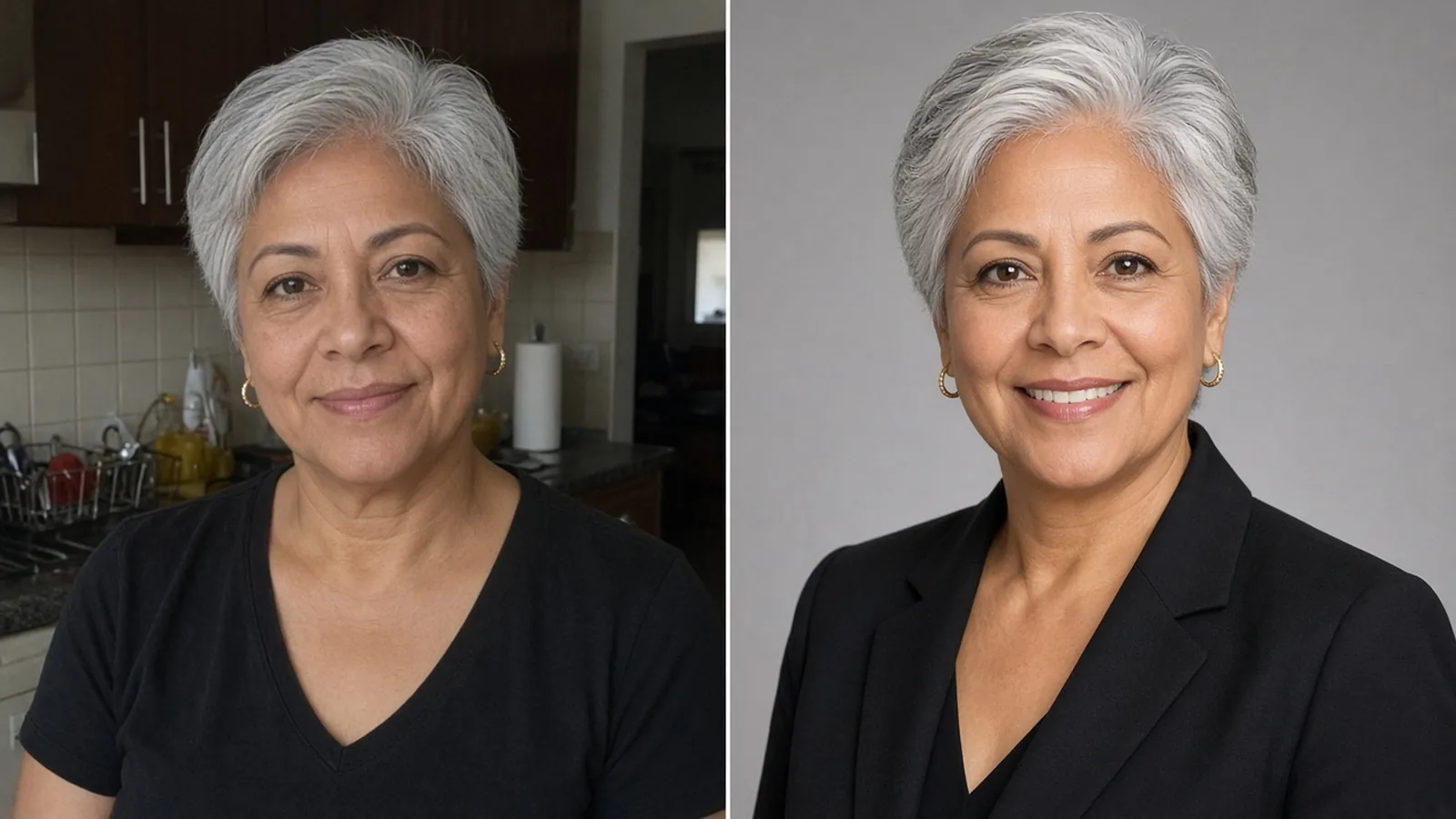The same woman with short silver hair shown twice: on the left in a dim, cluttered kitchen snapshot, on the right in a polished studio-style headshot in a dark blazer against a soft gray backdrop