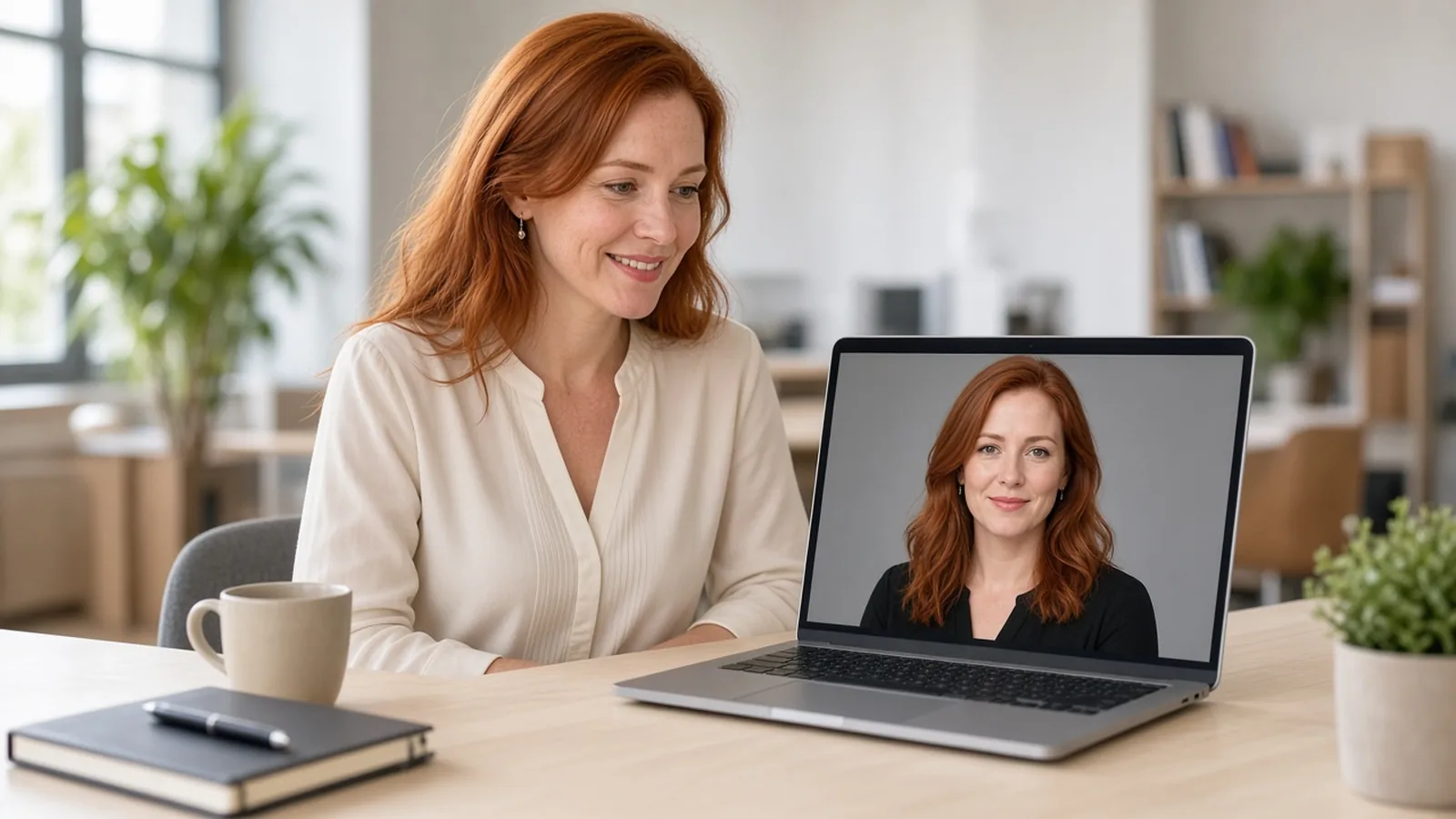 A red-haired woman in a cream blouse smiling at her laptop in a bright office, where her new professional headshot on a gray background fills the screen