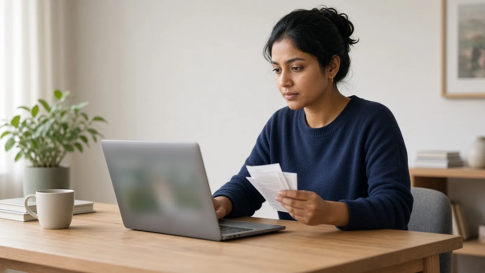 A woman in a navy sweater at a wooden desk comparing a few paper receipts in her hand with her open laptop, working out what a new headshot will really cost