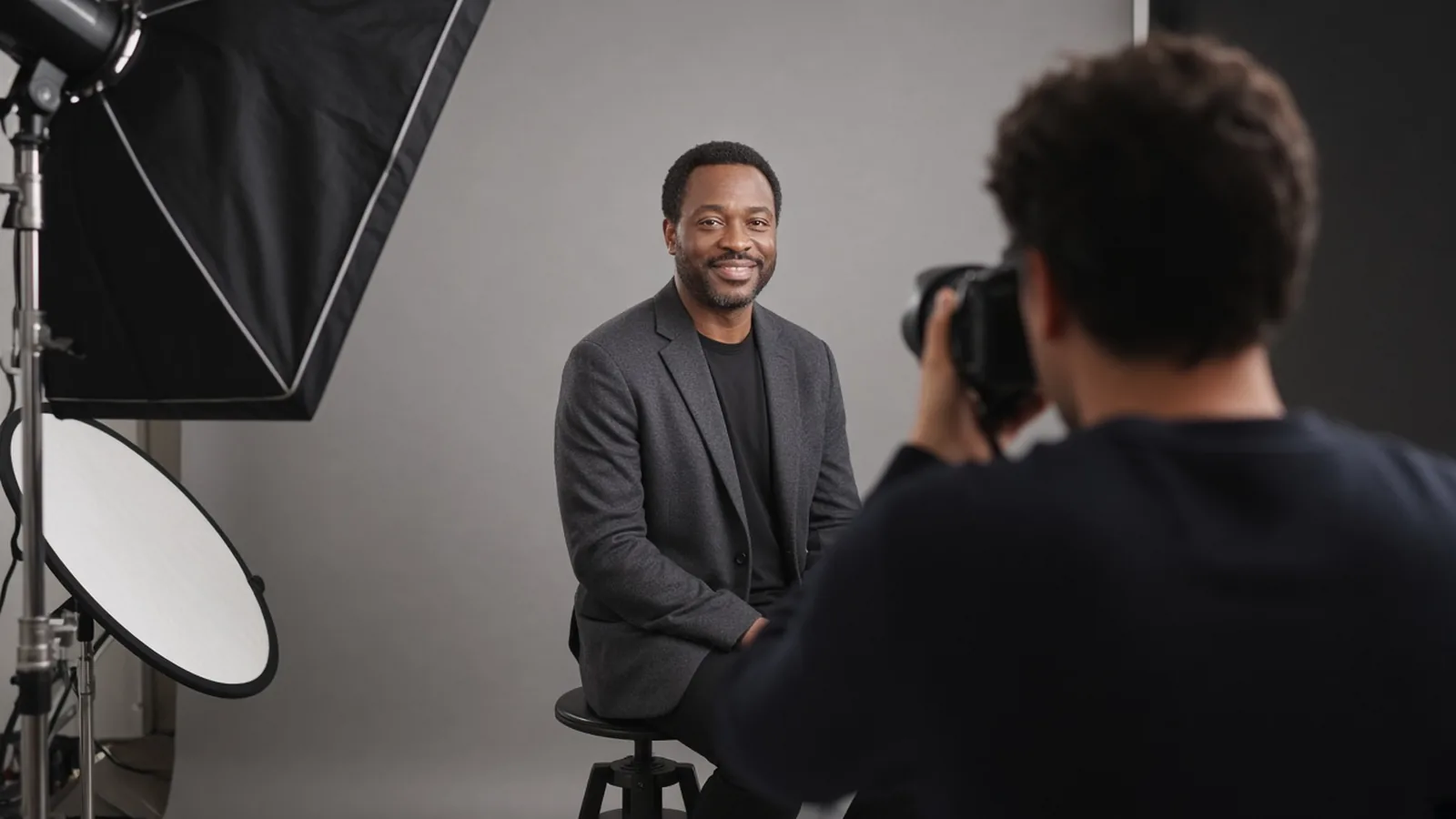 A smiling man in a charcoal blazer seated on a stool in front of a gray backdrop while a photographer, seen from behind, takes his portrait beside a large softbox
