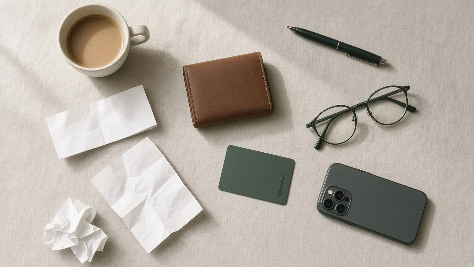 Overhead view of a linen desk with blank folded receipts, a brown leather wallet, a card lying face down, a pen, glasses, a coffee cup and a phone lying face down