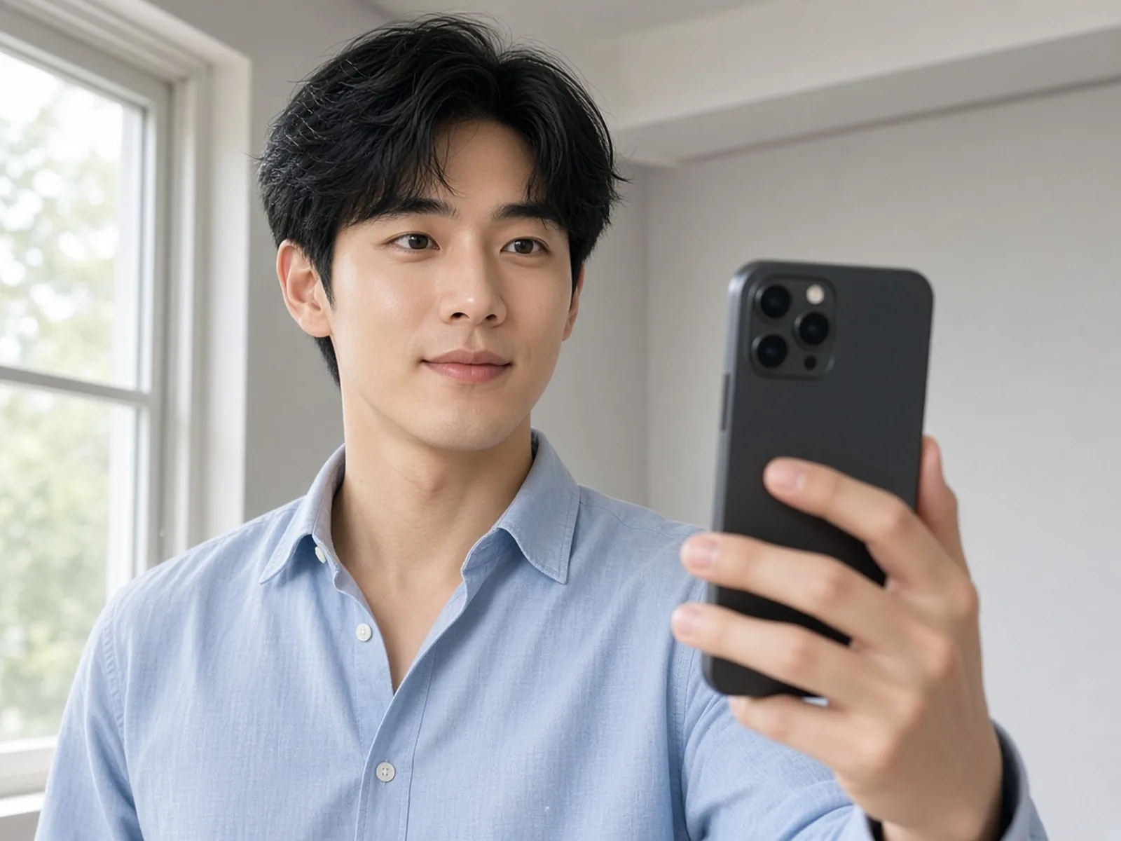 A young man in a light blue shirt standing beside a bright window, holding his phone at eye level to take a selfie against a plain light wall