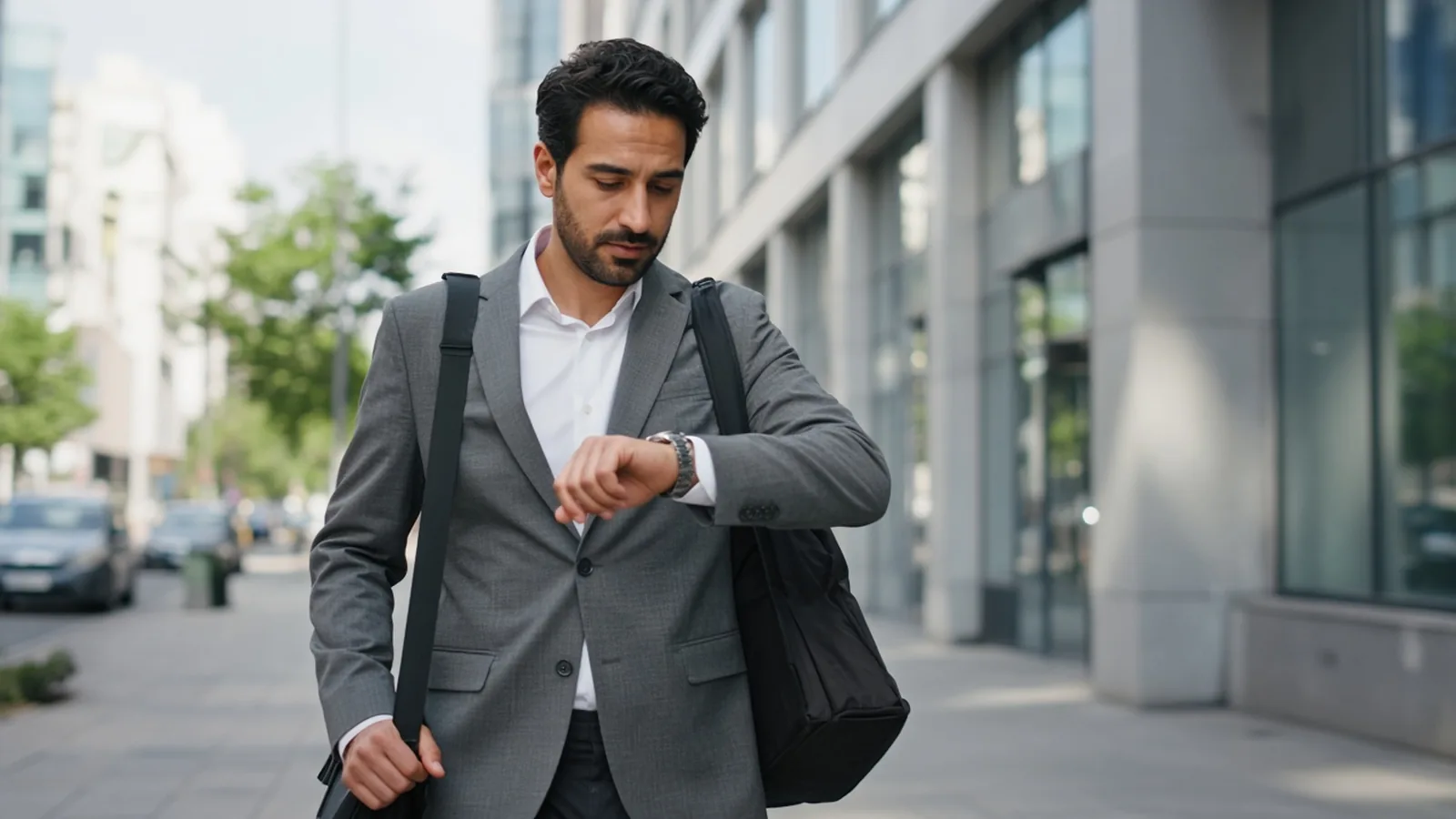 A man in a gray suit jacket glancing at his watch as he walks past office buildings carrying a bag over his shoulder on his way to an appointment