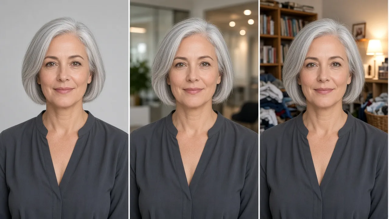 Three photos of the same woman with a silver bob: in front of a plain light grey backdrop, in front of a softly blurred office, and in front of a cluttered room with a bookshelf, laundry and a lamp