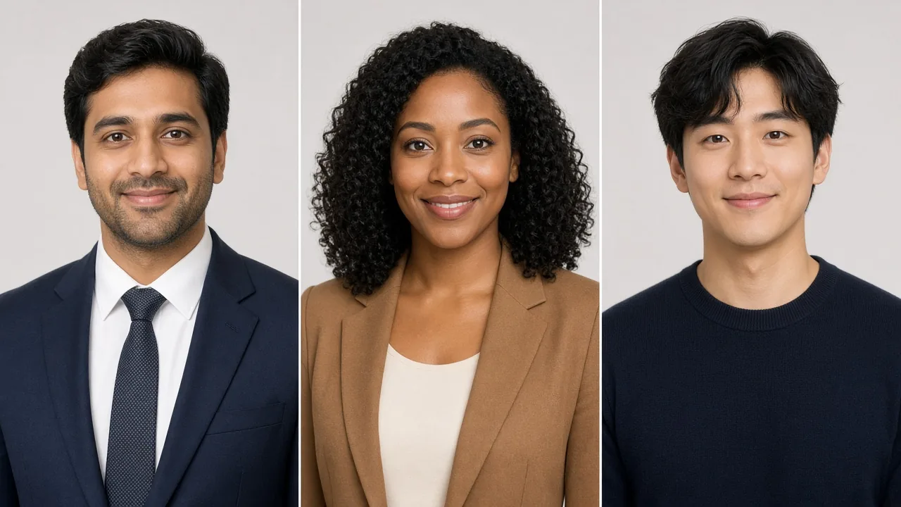 Three professionals on the same grey background: a man in a navy suit and tie, a woman in a camel blazer over a cream top, and a young man in a plain dark sweater