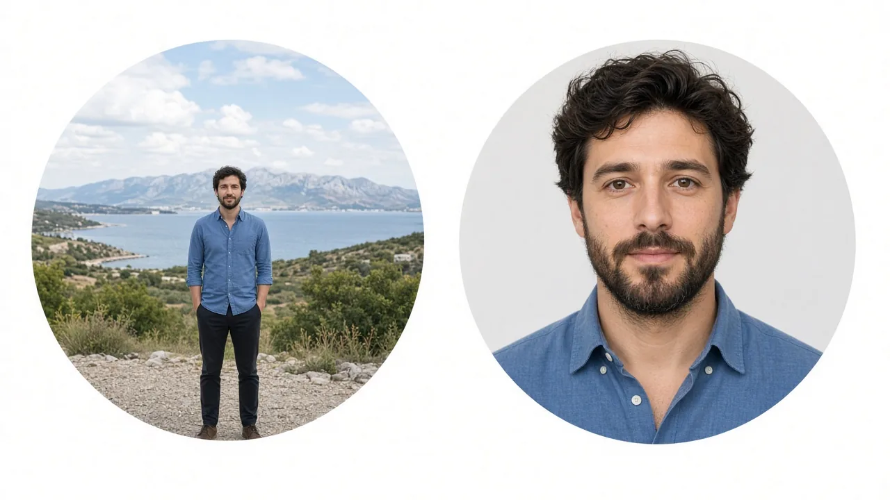 Two round profile picture crops of the same bearded man: on the left a distant full-body photo where his face is tiny, on the right a head-and-shoulders crop where his face fills the circle