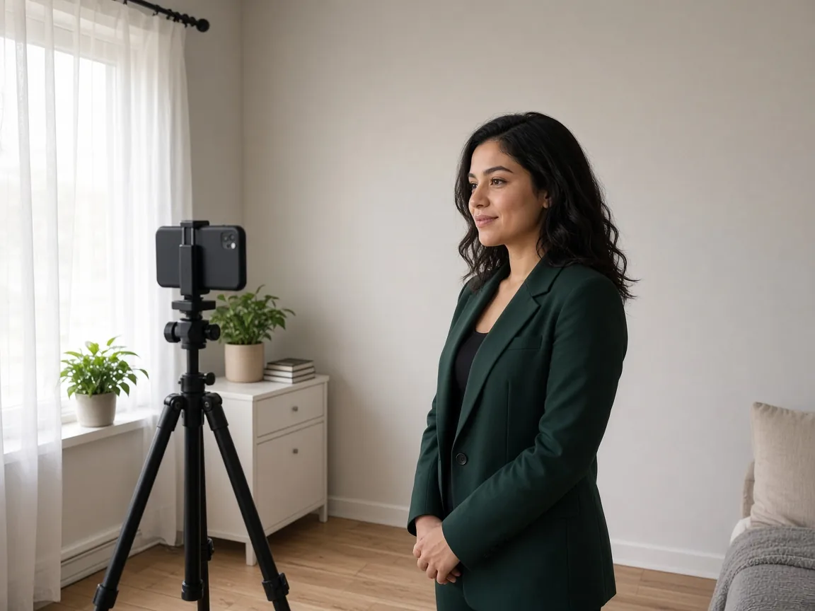 A home headshot setup: a smartphone on a small tripod near a window with sheer curtains, and a woman in a dark green blazer standing in front of a plain light wall