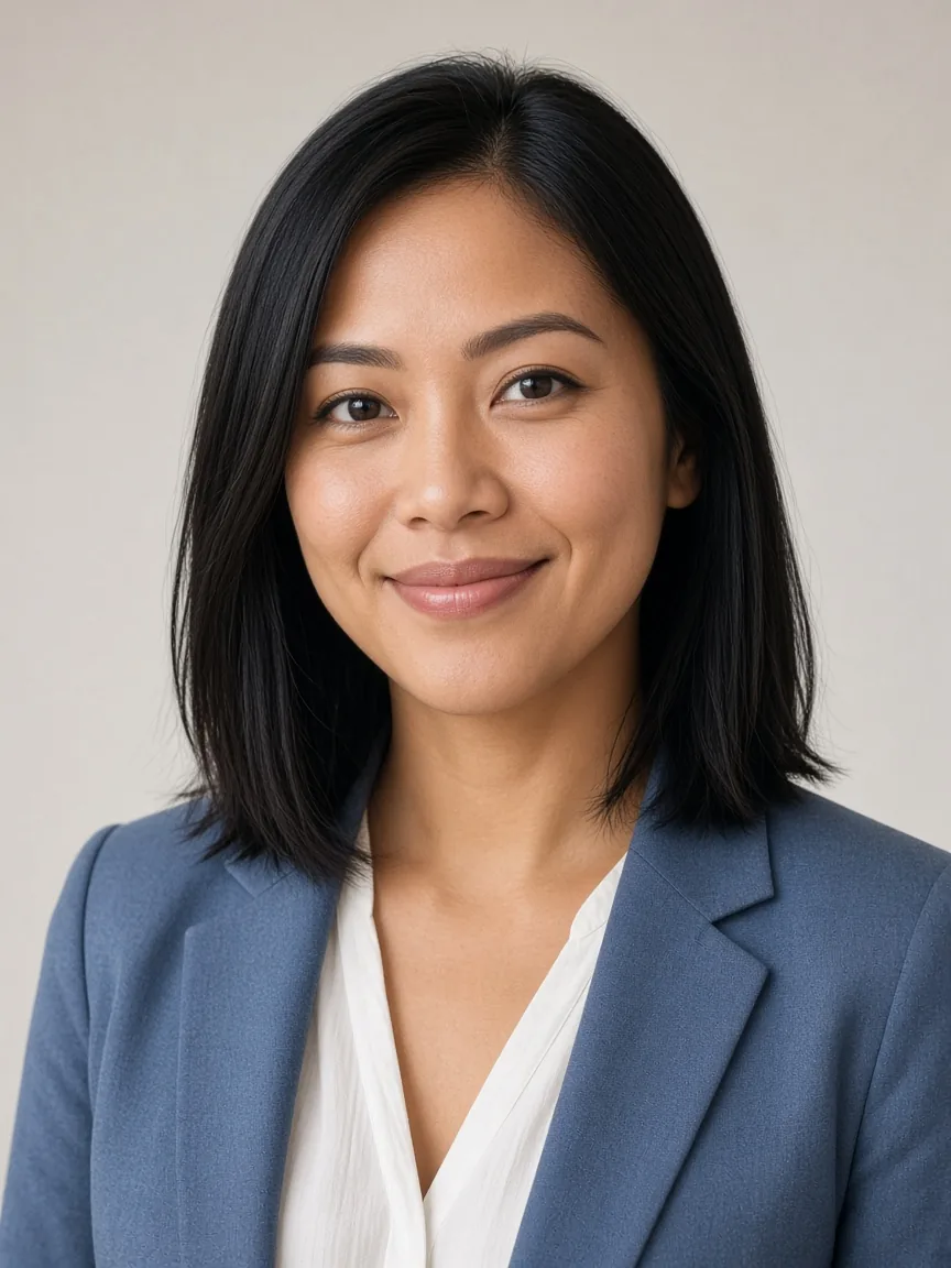 A warm, natural headshot of a woman with shoulder-length black hair in a dusty blue blazer and white blouse against a plain light grey background