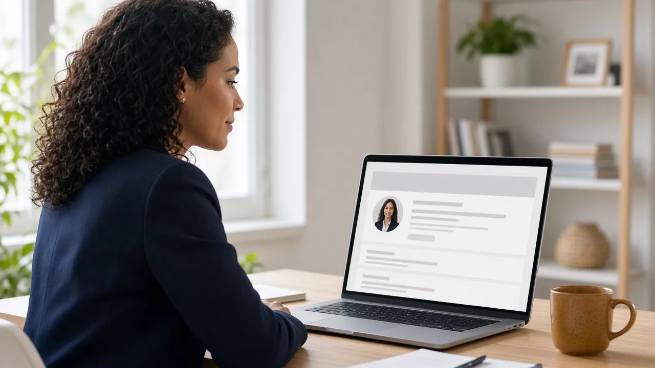 A professional woman in a navy blazer at her desk, looking at a professional profile page with a small round headshot on her laptop screen