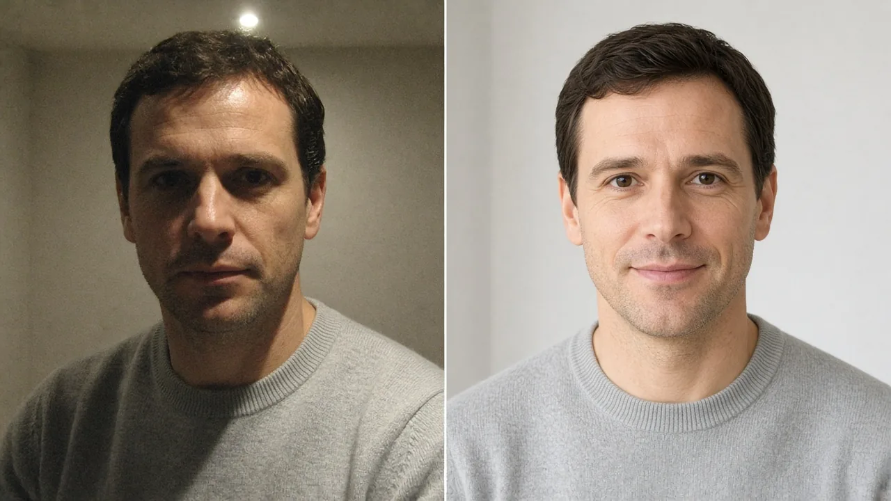 The same man photographed twice: on the left under a harsh overhead light with dark shadows around his eyes, on the right in soft window light with even skin tone